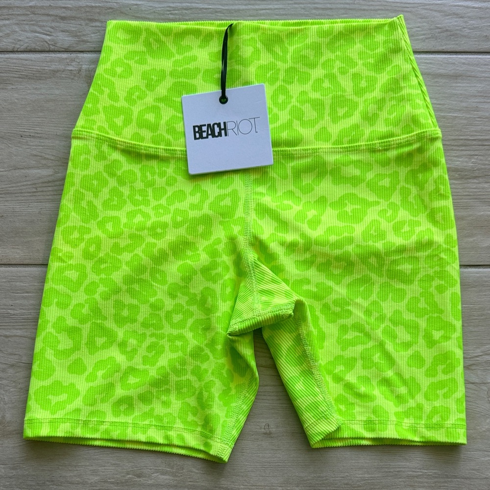 Beach Riot Neon Yellow Green Ribbed Leopard Print Women's Bike Shorts Small